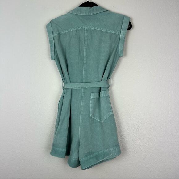 Entro | Teal Button Up Belted Romper 100% Cotton Spring Summer S - Picture 4 of 10